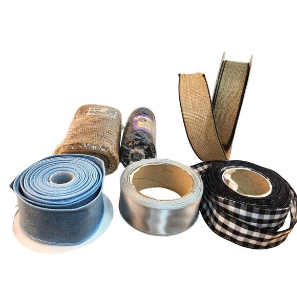 Ribbon Lot Set - Gingham Satin Burlap Denim 1.5 - 6 Inch Floral Wreath Crafting - Picture 2 of 10